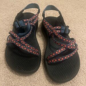 Chaco Women's Navy Sandals with Red and Orange Patterned Webbing